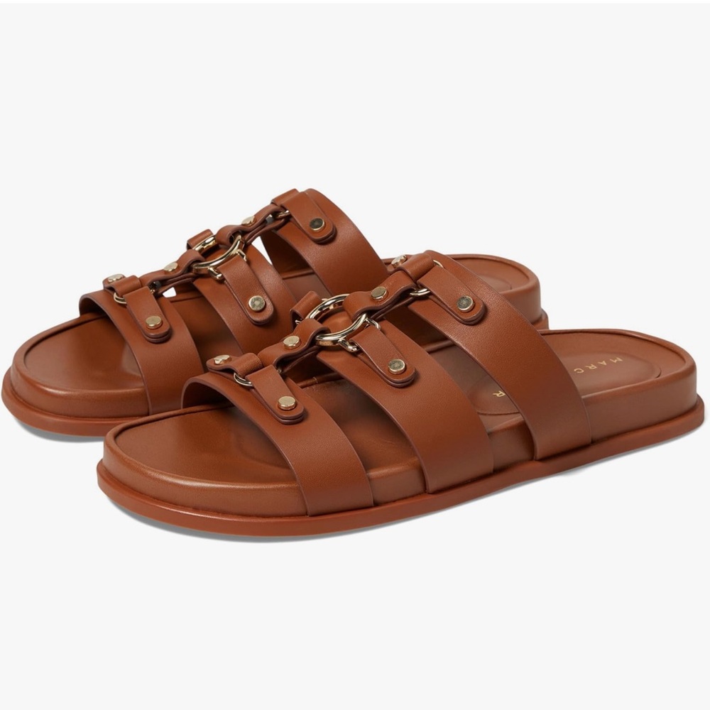 Marc Fisher Verity Leather Slide Sandals with Gold Hardware